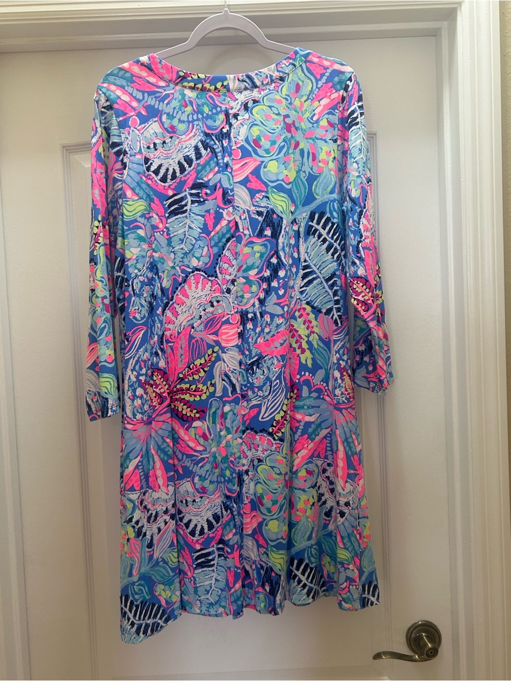 Lilly Pulitzer Amina Dress.  Blue, Pink & Green Floral V-Neck 3/4 Sleeve Dress - Picture 2 of 3